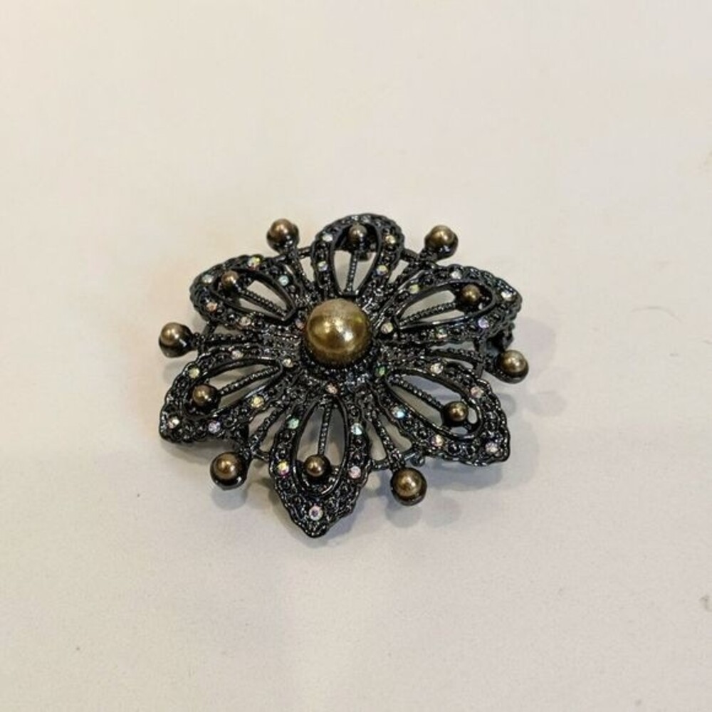 Dark Gray Silver Brooch with Gold Accents